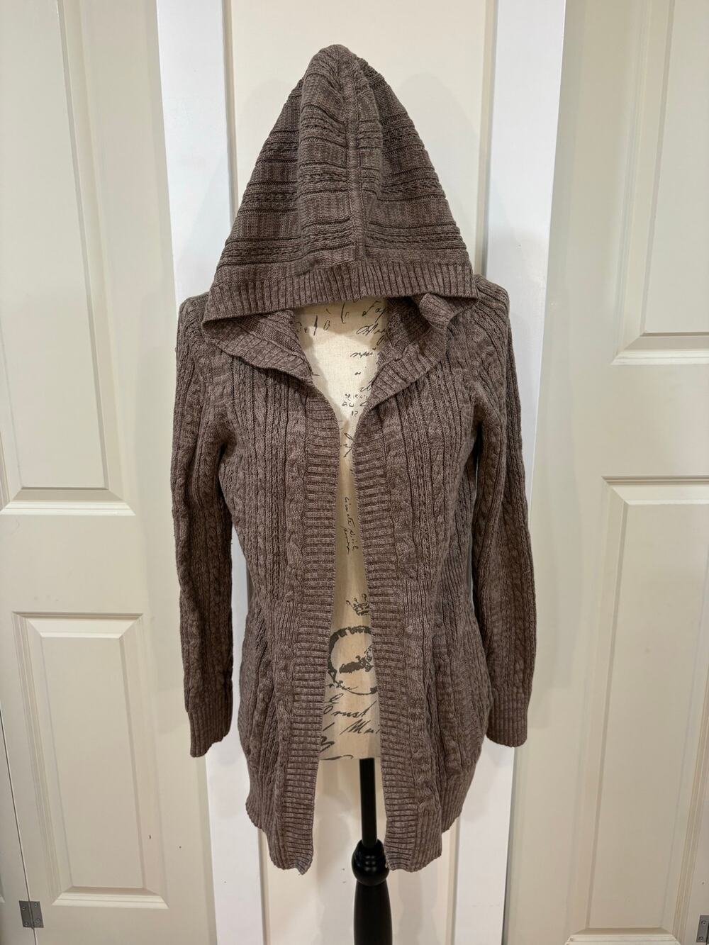 Sonoma Bown Cable Knitted Hooded Open Front Sweater Cardigan Size Small